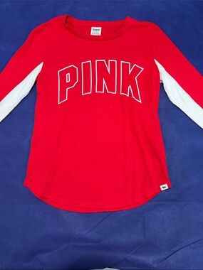 PINK Victoria's Secret Red Long-Sleeve Tee with White Sleeve Panels
